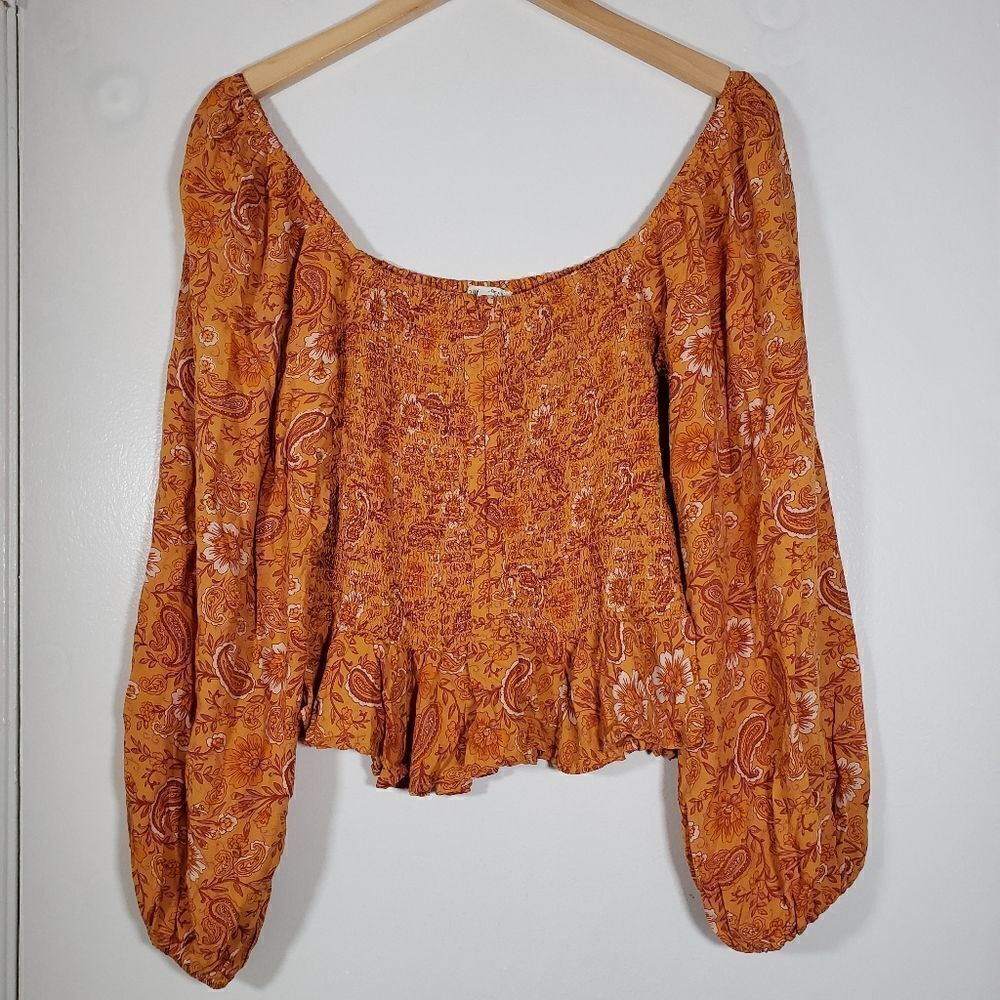 Patrons of Peace Floral Boho Long Puff Sleeve Peplum Cottagecore Blouse Size L